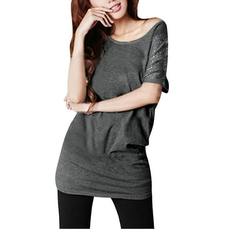 Allegra K Women's Batwing Rhinestone Tunic T Shirt Gray (Size M / 8)