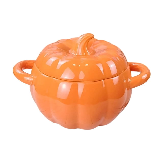 Soup Bowl With Lid 1800 mL Ceramic Pumpkin Shape Large Double Ear Noodle Bowl For Home Use