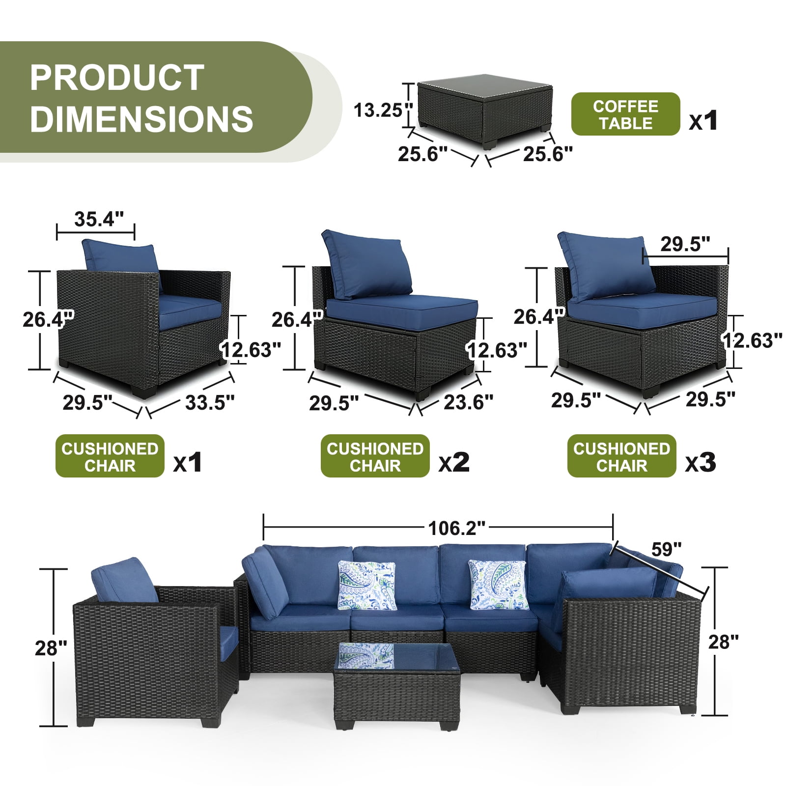 7 Pieces Patio Furniture Set, Outdoor Sectional Sofa with Table, Wicker Rattan Patio Conversation Couch with Blue Cushions and Pillows