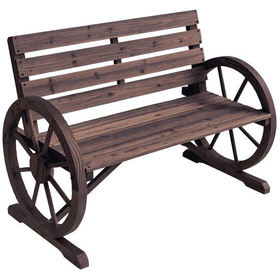 Carbonized Finish Wagon Wheel Design Rustic Outdoor Bench 2-Person Patio Garden Bench with Backrest  RLB