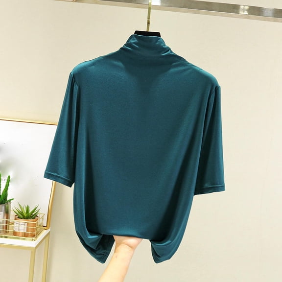 Women's High Neck Short Sleeve Top, Soft Polyester Solid Color Blouse, Comfort Fit for Casual Daily Wear and Leisure Activities