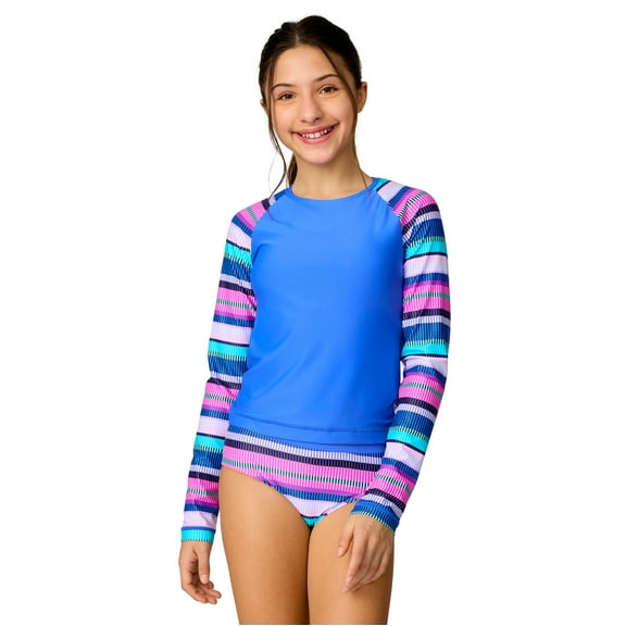 Free Country Girls' Marina Stripe Rash Guard and Bikini Swim Set Peri Marina Stripe M