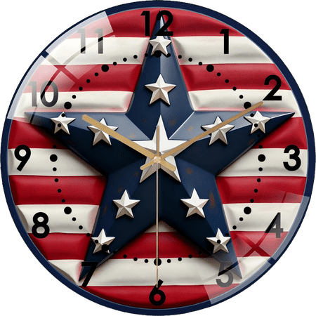 12 Inch Patriotic- Star Fourth of July Glass Wall Clock, Patriotic- Star Farmhouse Home Decor (30×30cm)