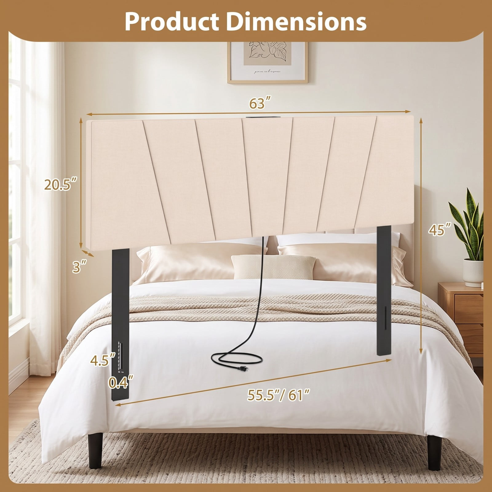 Furnibear Geometric Channel Upholstered Headboard with 2 AC Outlets and USB and Type-C Charging Ports for Full and Queen Size Beds, Beige