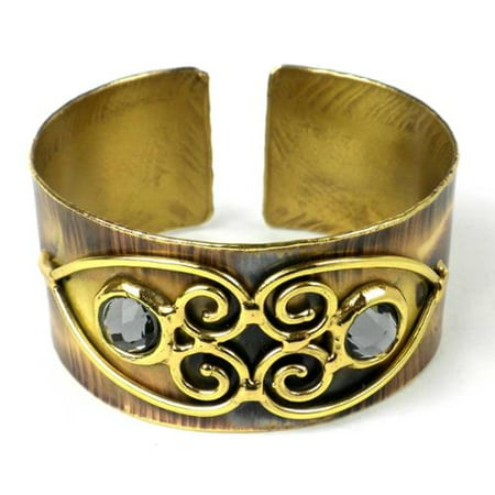 Global Crafts Handmade Grey Crystal Scrolling Hearts Brass Cuff (South Africa)