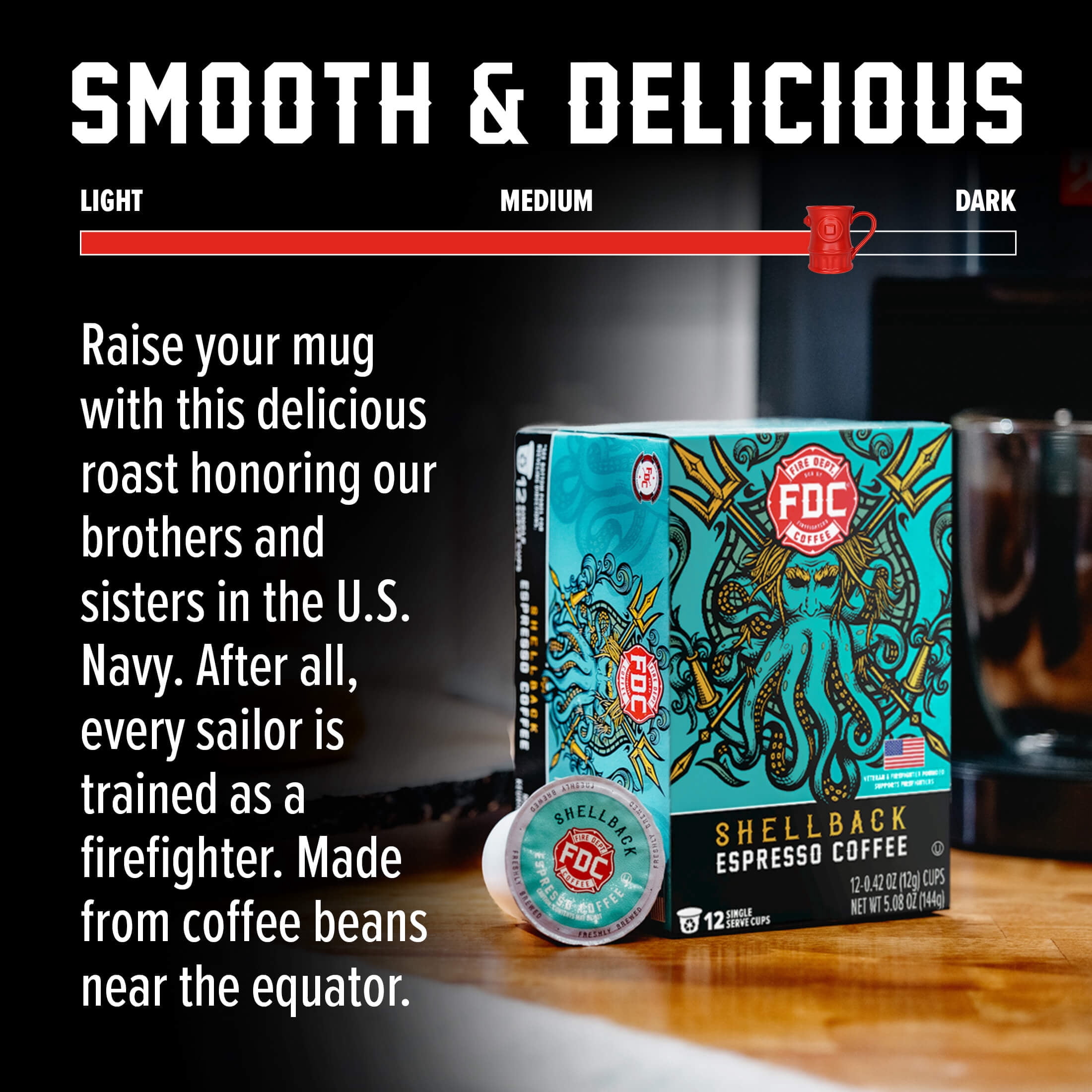 (6 pack) Fire Department Coffee, Shellback Espresso, Premium K-Cup Coffee Pods, Medium Roast, 12 Pack