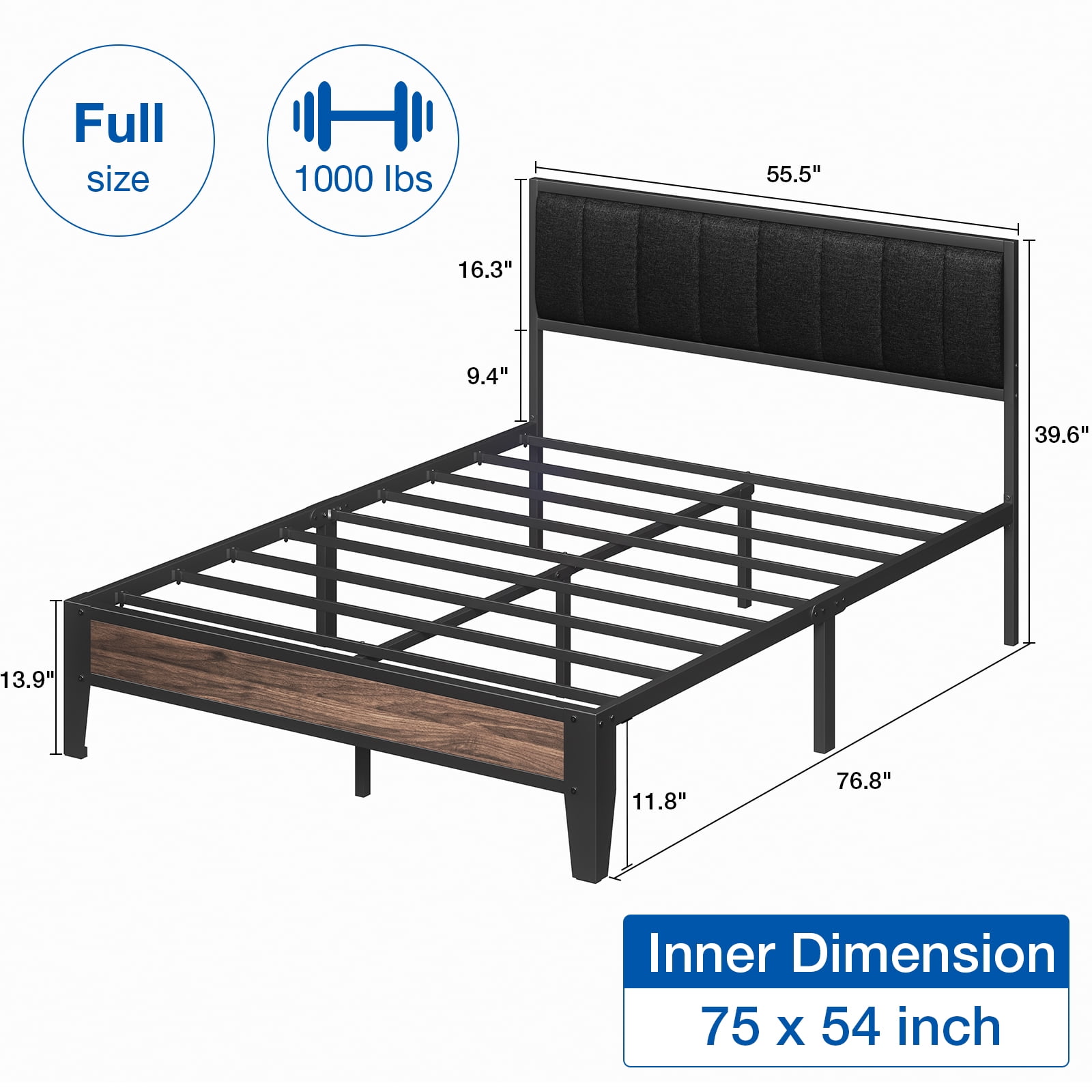 Lusimo Full Size Bed Frame with Upholstered Headboard and Under-Bed Storage No Box Spring Needed, Black