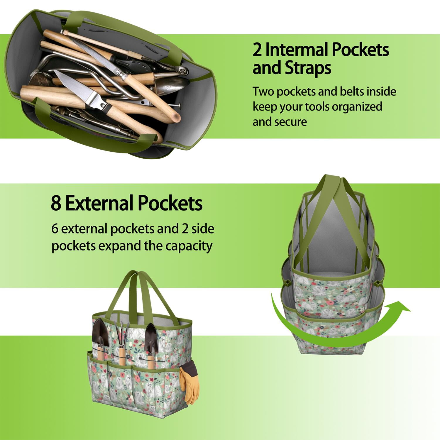 Garden Tool Bag,Maltese Dog and Flower Floral Garden Tool Organizer,Garden Gifts,Waterproof Multi-Pocket Garden Tool Storage 11.8x5.5x11.4 Inch(Tools NOT Included)