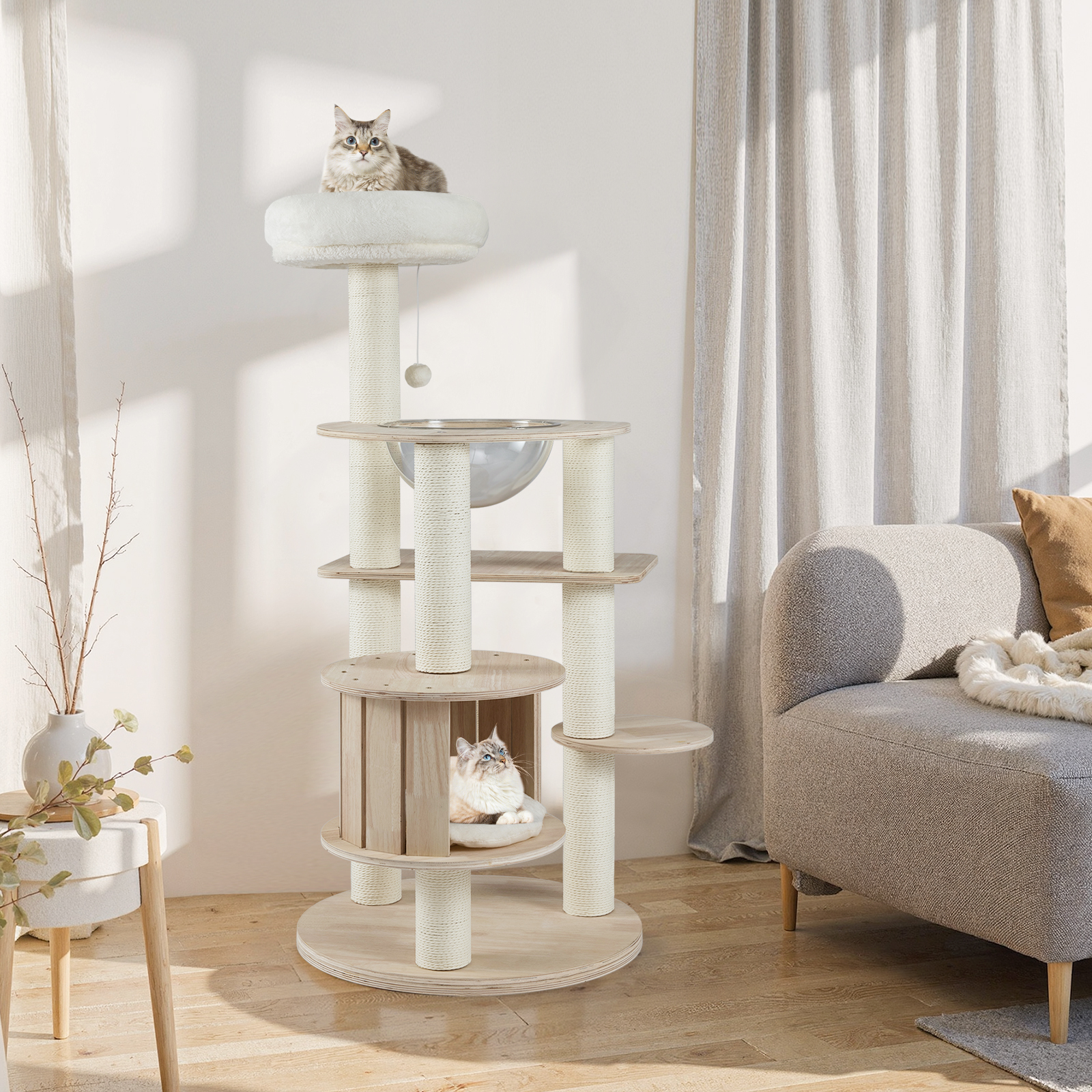 Gymax 52'' Tall Wooden Cat Tree w/Condo Perch Space Capsule Scratching Posts