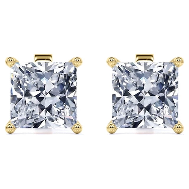 JeenMata Aros Tipo Botón con Solitario de 4 Puntas de Moissanita de Corte Princesa de 2 Quilates en Baño de Oro Amarillo de 18 K sobre Plata