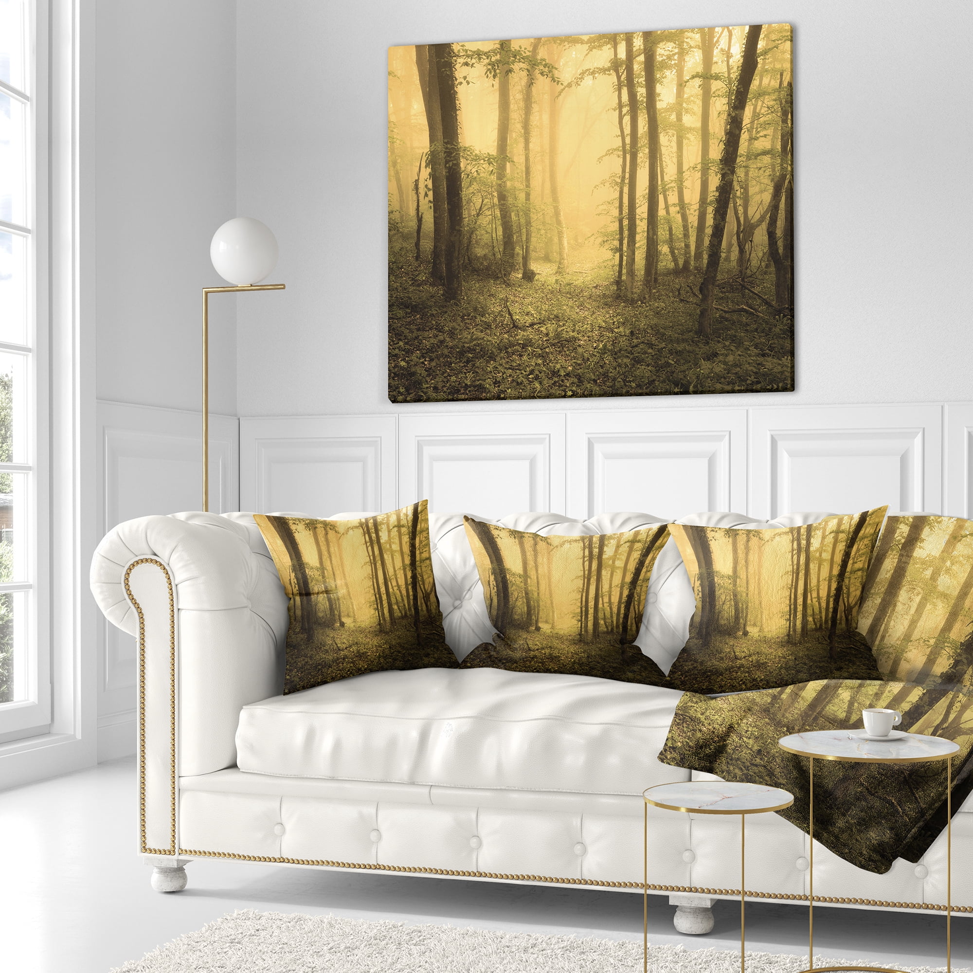 Designart Trail Through Yellow Foggy Forest - Landscape Photography Throw Pillow - 18x18