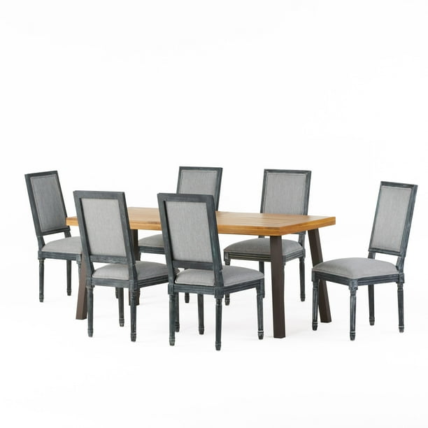 Noble House Hurlburt Fabric Wood And Metal 7 Piece Dining Set Natural Rustic Gray Com Dining Set Natural Rustic Metal, Noble House Della Rustic Metal And Gray Wood Outdoor Dining Table