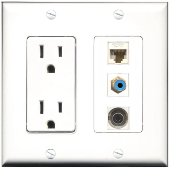RiteAV - 15 Amp Power Outlet 1 Port RCA Blue 1 Port 3.5mm 1 Port Cat6 Ethernet Ethernet White Decorative Wall Plate