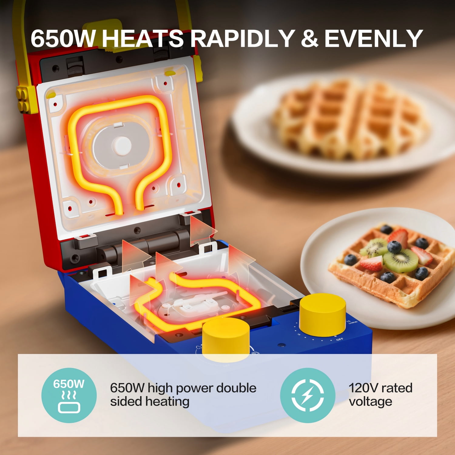 CANDY 3-in-1 Waffle Maker Panini Press, Red, Removable Plates, Compact Design