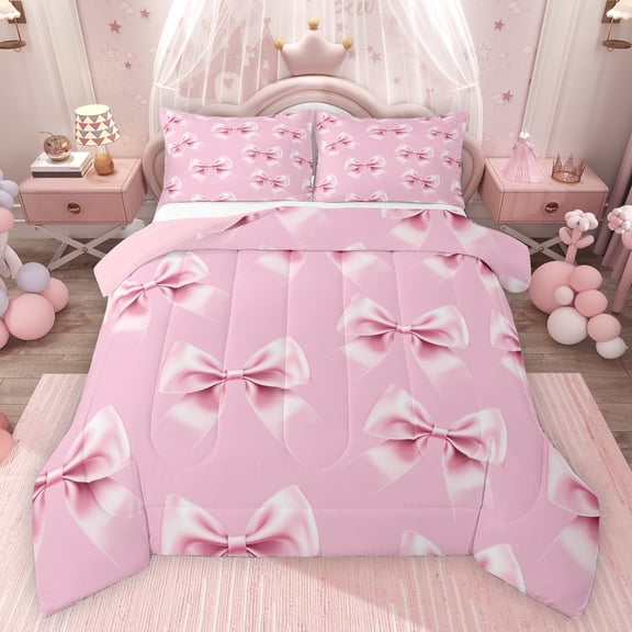 Feelyou Bow-tie Kid Full Size Comforter Sets, Pink Butterfly Knot Bedding Sets, 3pcs