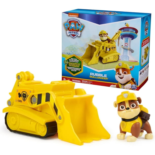Paw Patrol, Bulldozer de Rubble, vehículo de juguete con figura de acción coleccionable, juguetes para niños con mentalidad sustentable para niños y niñas de 3 años en adelante