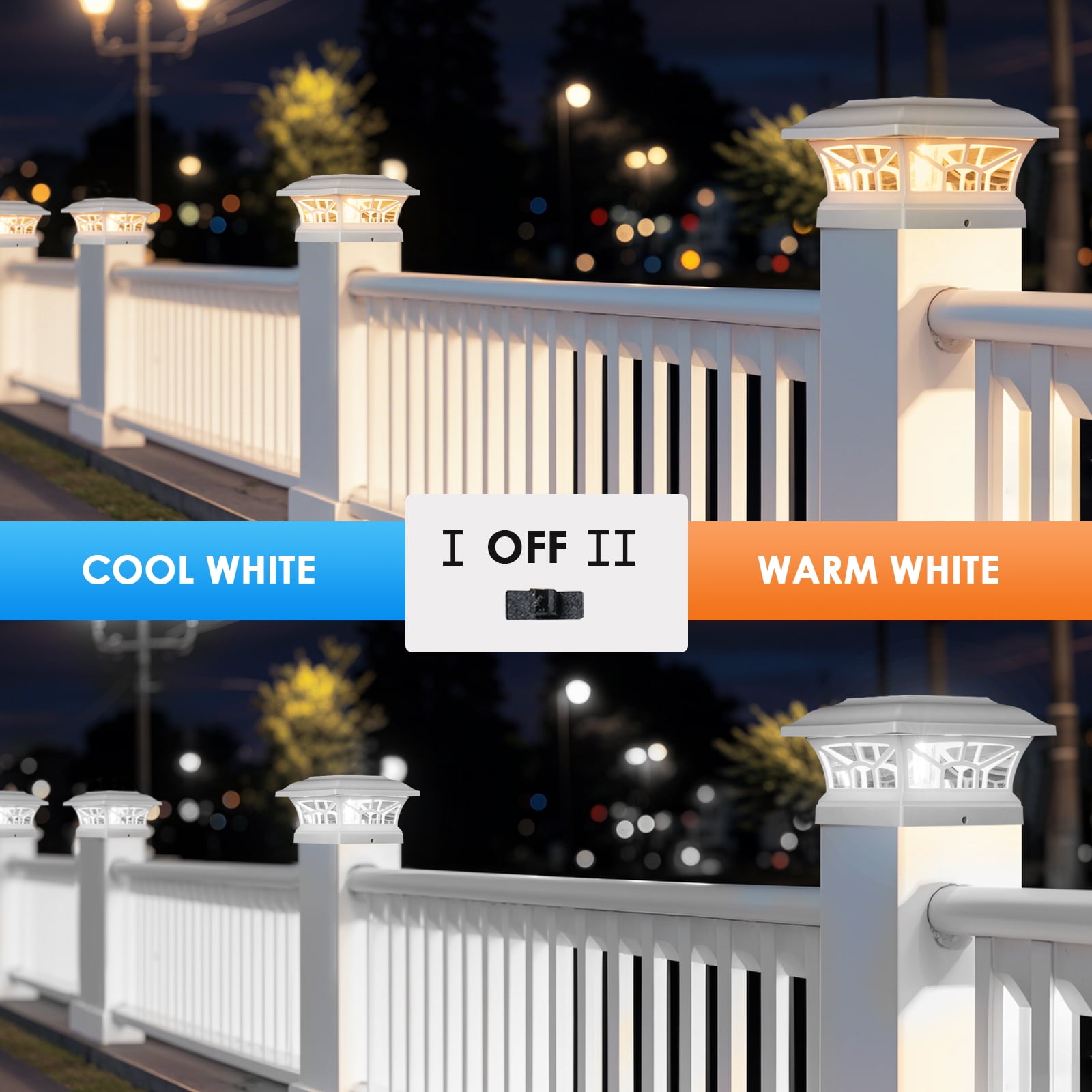 Solar Lights for Fence Post Cap Outdoor Deck 6 Pack for 4x4/5x5/6x6 Wooden/Vinyl Posts Two Light Modes LED Warm/Cool White Decor for Garden Patio. (White, 6)