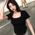 thumbnail image 4 of Camiseta de manga corta Blusa básica sin costuras con cuello cuadrado informal ajustada para verano, 4 of 5