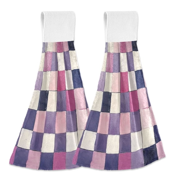 Yayeee Kitchen Hanging Hand Towels Set of 2 with Loop Bathroom Absorbent Tie Towel, Pink and Purple Plaid Pattern