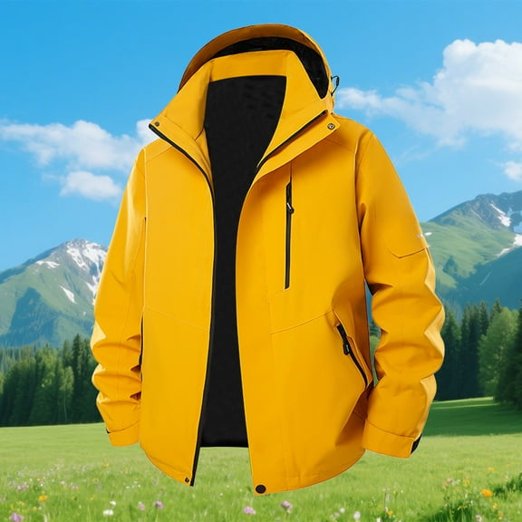 PiGOGI Men's Outdoor Hooded Jacket Solid Color Climb Sport Run Long Sleeve Zipper Pocket Windbreaker for Summer Wear Yellow XL