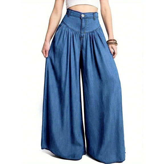 Women’s High Waisted Wide Leg Denim Palazzo Pants 70s Boho Pleated Flowy Maxi Jeans Lightweight Summer Fit