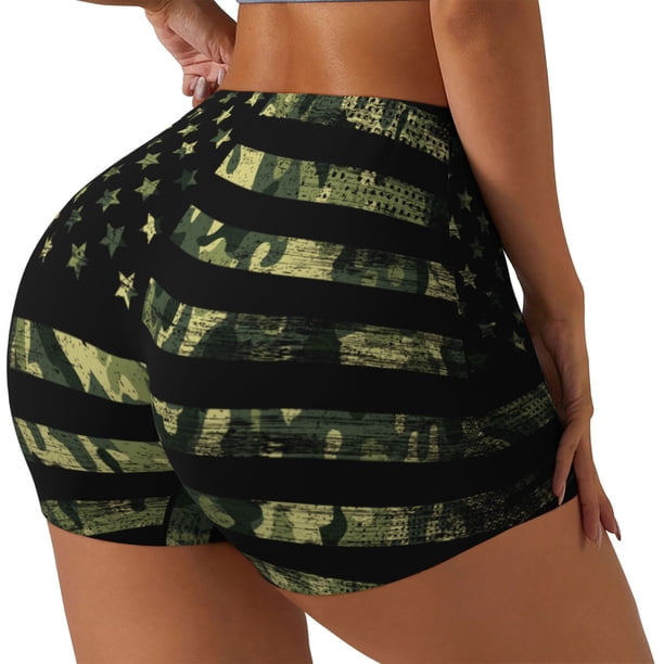 Balery American Flag Camo Pantalones cortos de entrenamiento estampados para mujer, sin costuras, ajustados, para gimnasio, yoga, correr, deportes, ejercicio activo, fitness.-XX-Large