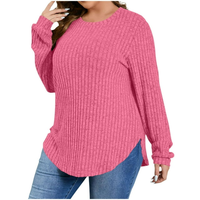 FAIWAD Plus Size Tops for Women Long Sleeve Round Neck Knitted Soft Pullover Casual Basic Lightweight Clothes L-5XL
