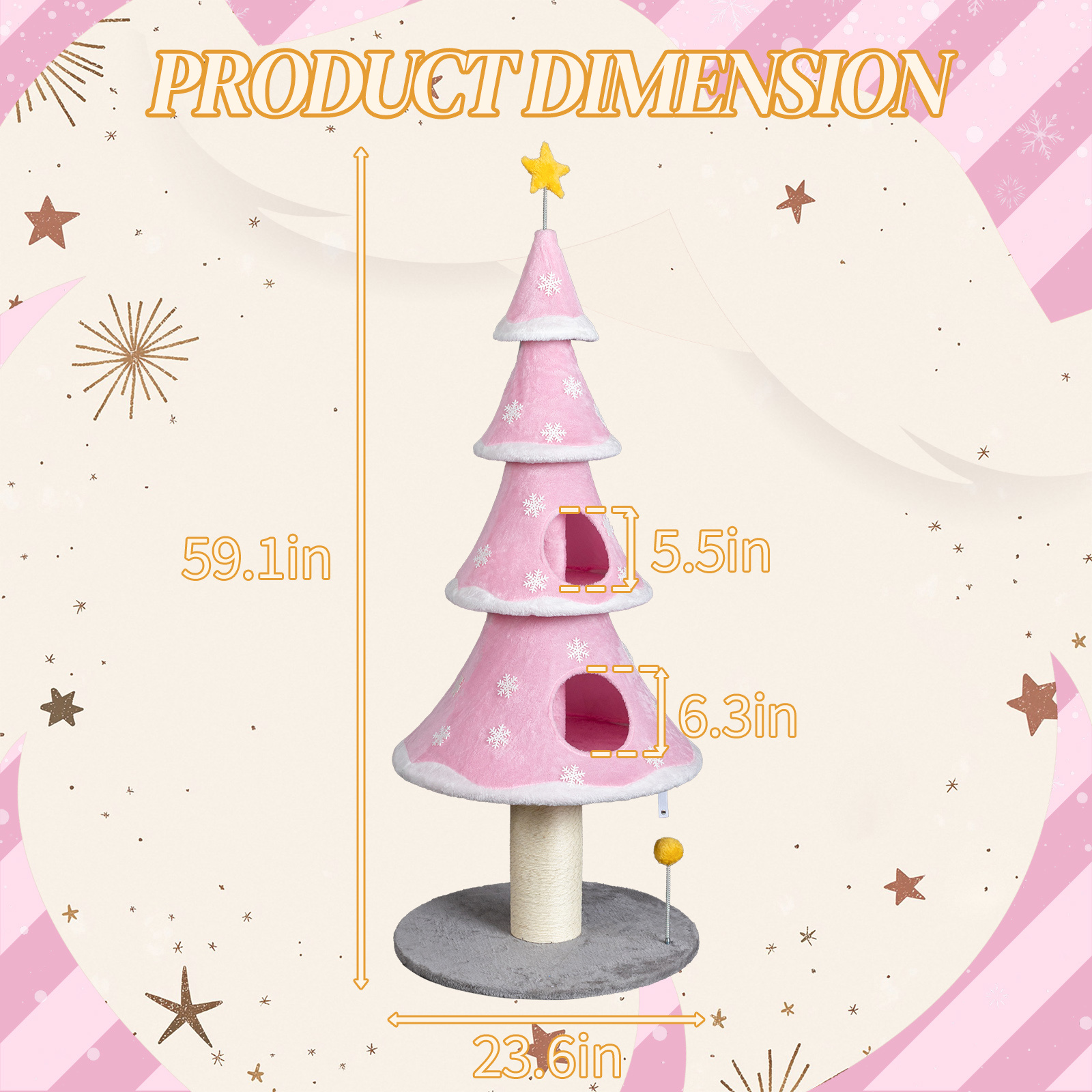 Zephypaws 59" Pink Cat Tower with 2 Private Condos, Plush Fleece Surface, Sisal Scratching Post, Dangling Play Toy, Solid Round Base & Tree-Inspired Multi-Level Design for Indoor Cats