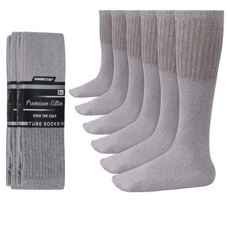 Diamond Star Diabetic Over the Calf, Non-binding Premium Cushion Cotton Knee High Comfortable Socks for Men (Grey - 6 Pairs, Socks size 13-16)