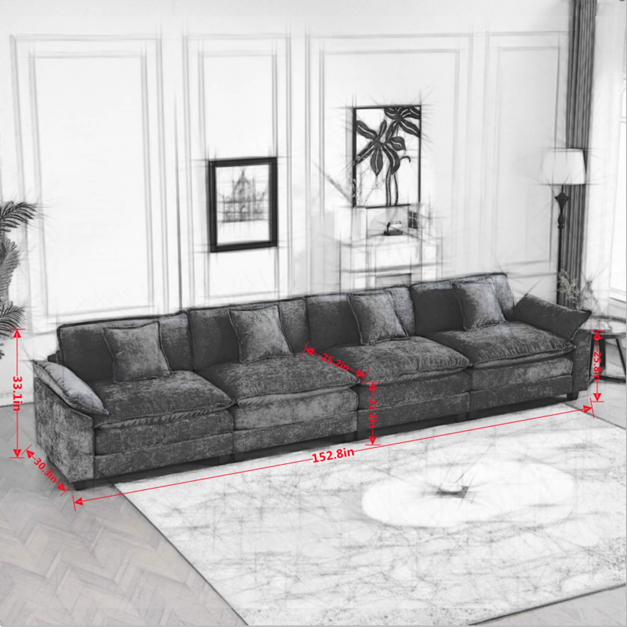 MAYEERTY Wider Armrest Cloud 3‑Seater Modular Sectional Sofa, Breathable Chenille Couch with Double‑Layer Cushion for Home Apartment, Ottoman Not Included