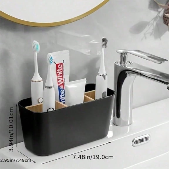 Black Plastic Toothbrush Holder - With Bamboo Dividers - 5-Slot Bathroom Counter Organizer - Durable Design - Suitable for Electric Toothbrushes - Toothpaste - Razor Storage - Bathroom Toothbrush Hol