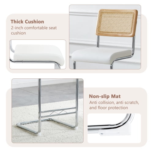Natural Rattan Bar Stools Set of 2, 25" Counter Height Bar Chairs with Solid Wood Backrest, Medieval Modern Kitchen Stools with White PU Leather Cushion and Chrome Metal Legs