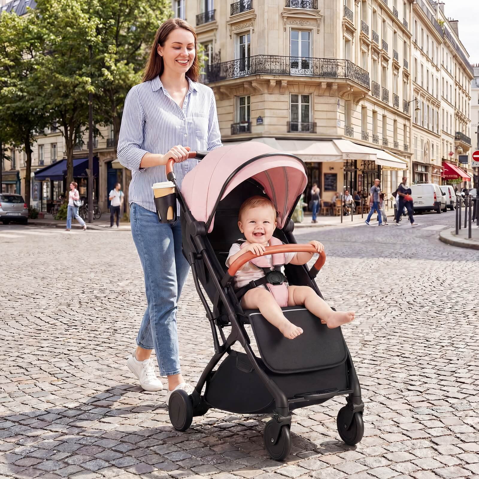 Costway Lightweight Baby Stroller with One-Hand Folding, Extendable Canopy, Storage Baske Pink