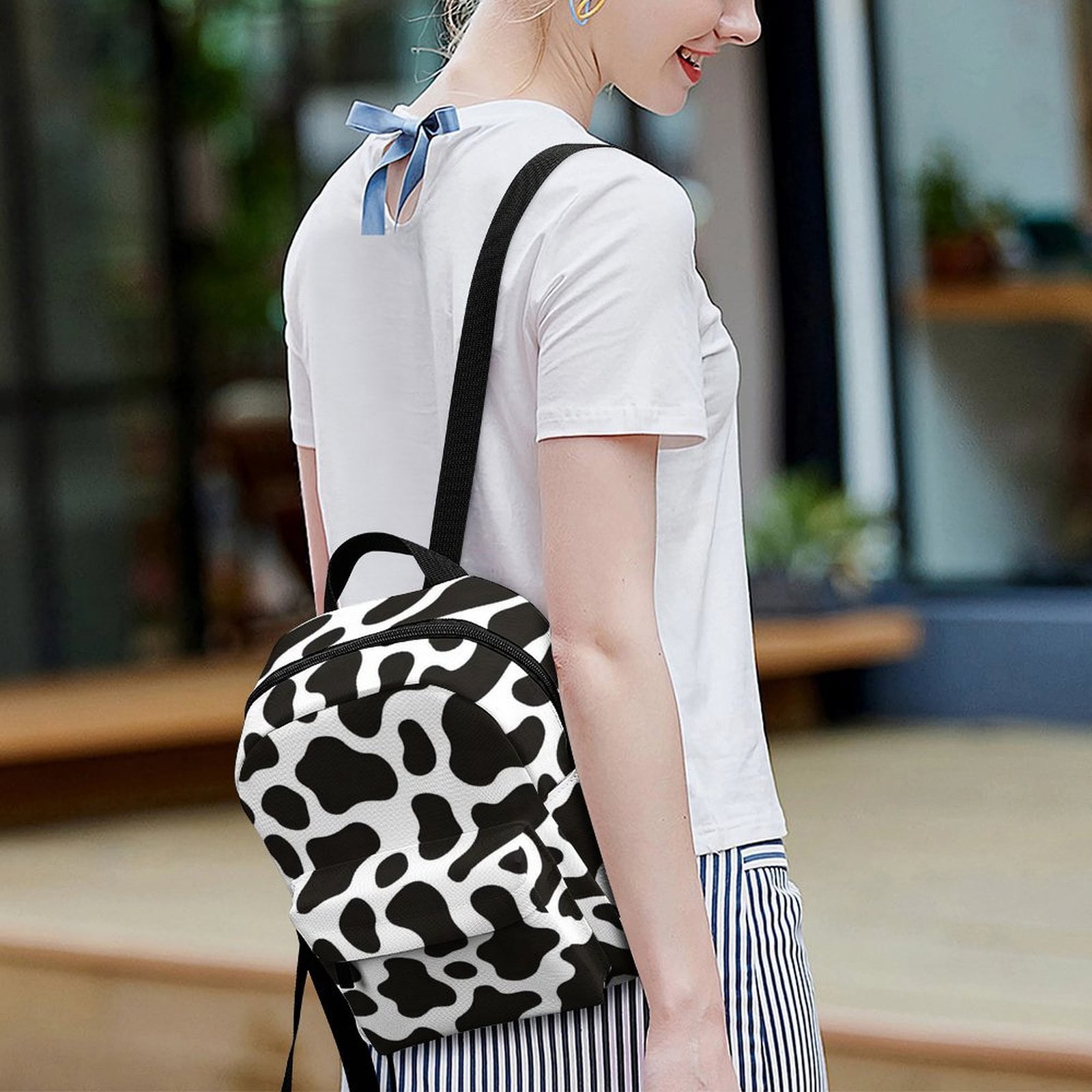 8.1×10in Casual Women'S Backpack With Anti-Contraction And Stretch For Sports Activities Travel Picnics Black White Cow Print