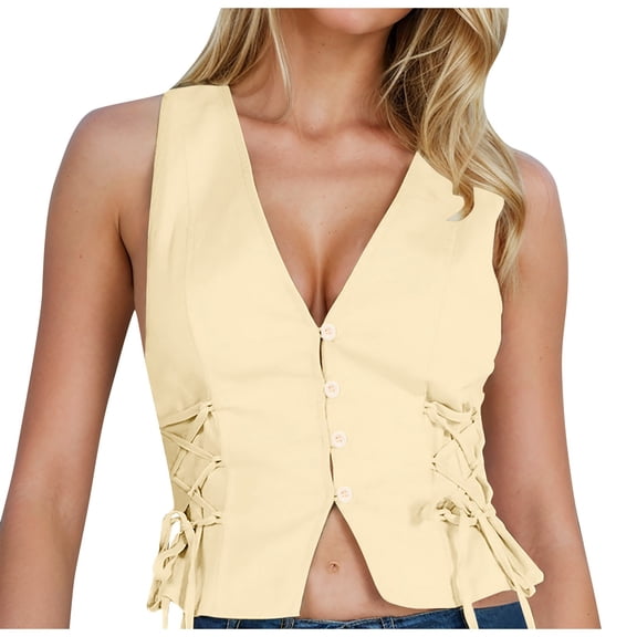 DHFJKG Women Sleeveless Cowgirl Tank Top Sexy V Neck Button Down Casual Cropped Going Out Lace Up Shirts Slim Fit Trendy Tops