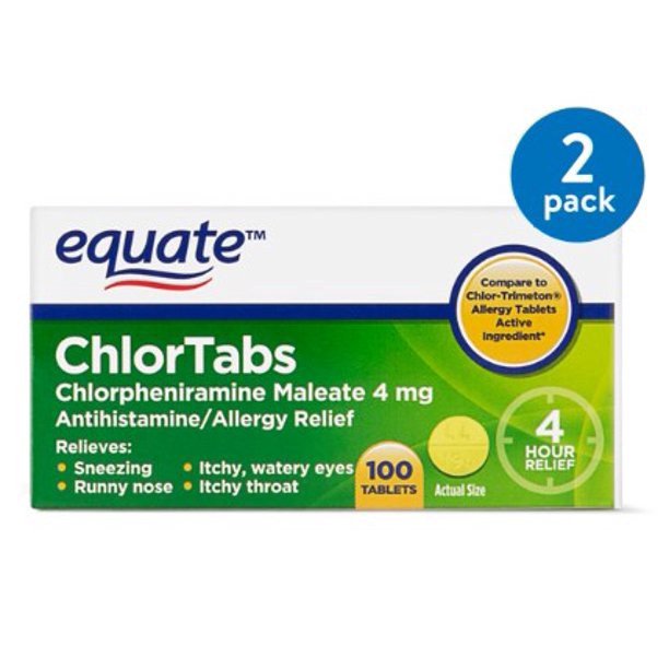 2 Pack Equate Chlortabs Chlorpheniramine Antihistamine Tablets 4 Mg 100 Ct Walmart Com