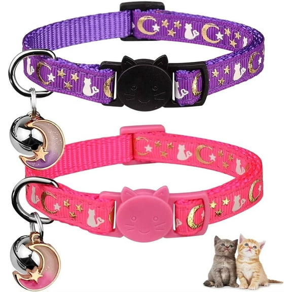 Xekoro 2PCS Breakaway Cat Collars with Bell Moons Stars Cute Kitty Adjustable Safe Kitten Collars with Pendant Glow in The Dark(Purple&Pink)