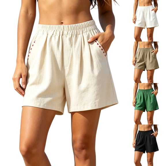 YanHoo Cotton Linen Shorts for Women Vintage Elastic Waist Loose Short Pants Casual Beach Vacation Shorts with Pockets