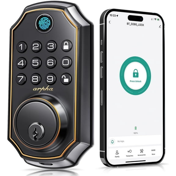 ARPHA Keyless Entry Door Knock, Smart Fingerprint Door Lock, Keypad Deadbolt with APP Control, One Touch Lock/Unlock, Auto-Lock, One Time Code, Zinc Alloy