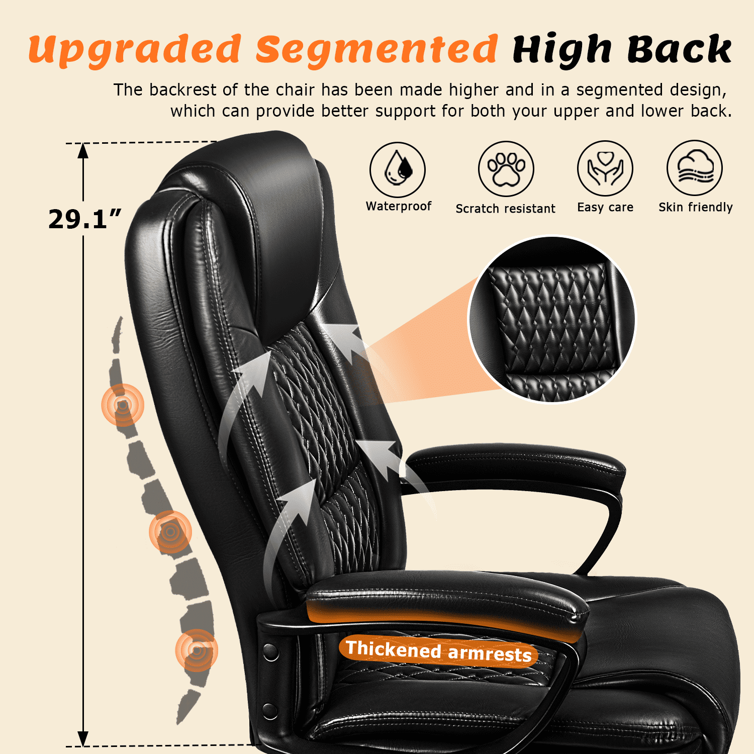 Waleaf Home Office Chair, Big and Tall Desk Chair 8Hours Heavy Duty Design, Ergonomic High Back Cushion Lumbar Back Support, Computer Desk Chair, Adjustable Executive Leather Chair with Arms