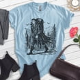 thumbnail image 2 of Dracula Hiking T-shirt, Unisex Women's Men's, Dracula Vampire Hiking Hiker Mountains Transylvania, Heather Light Blue, Large, 2 of 6