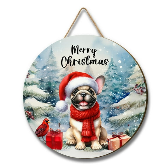 Merry Christmas French Bulldog Enjoys Woofmas Winter Xmas Holiday Round Wood Sign Dog Lover Gifts Hanging Wall Home Decor - 02022
