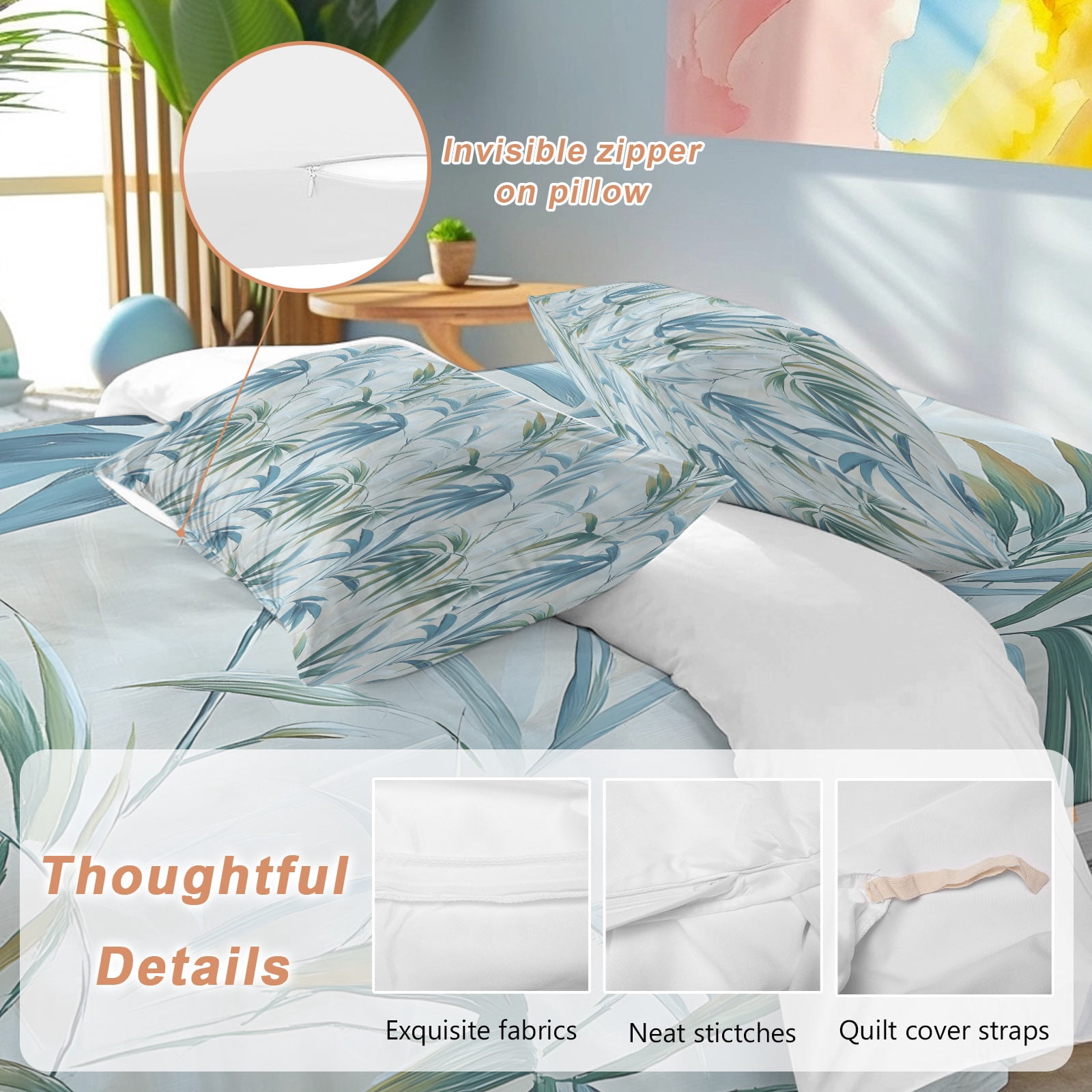 Bamboos Leaf Queen Duvet Cover Set, Green Watercolor Leaves Modernism 4 Piece Microfiber Bedding Set with Zipper Closure, Bed Sheet and 2 Pillow Shams, Soft Bedding Cover