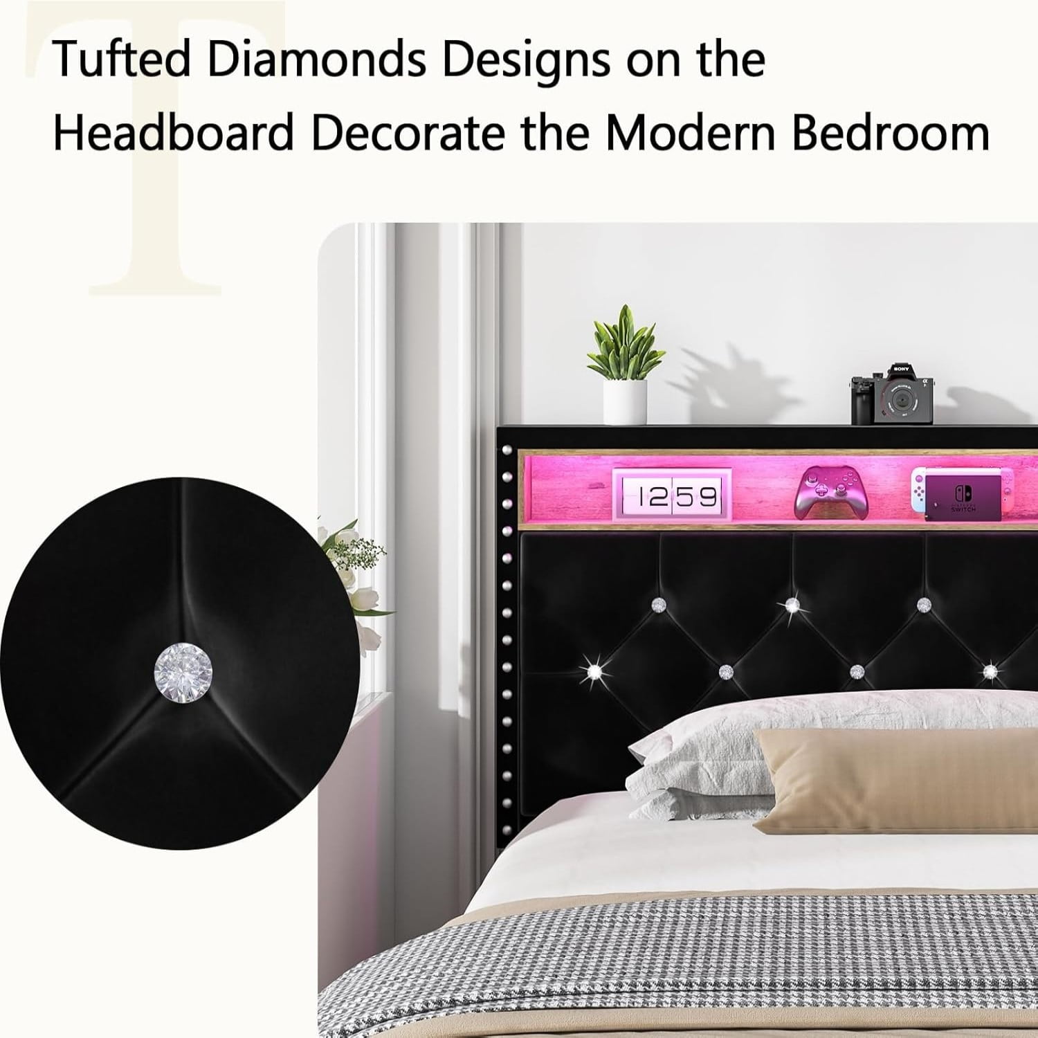 4 EVER WINNER Full Size Bed Frame with Storage Headboard, Velvet Upholstered Bed Frame with LED Light, Black Full Bed Frame with Charge Station, Black