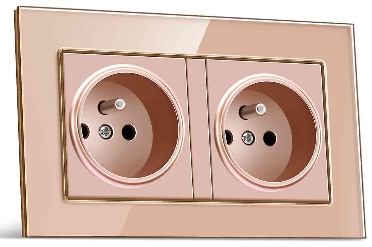 Eu Plug Double Socket Wall Electrical Outlets 16A - 250V Golden Glass Panel French Power Socket