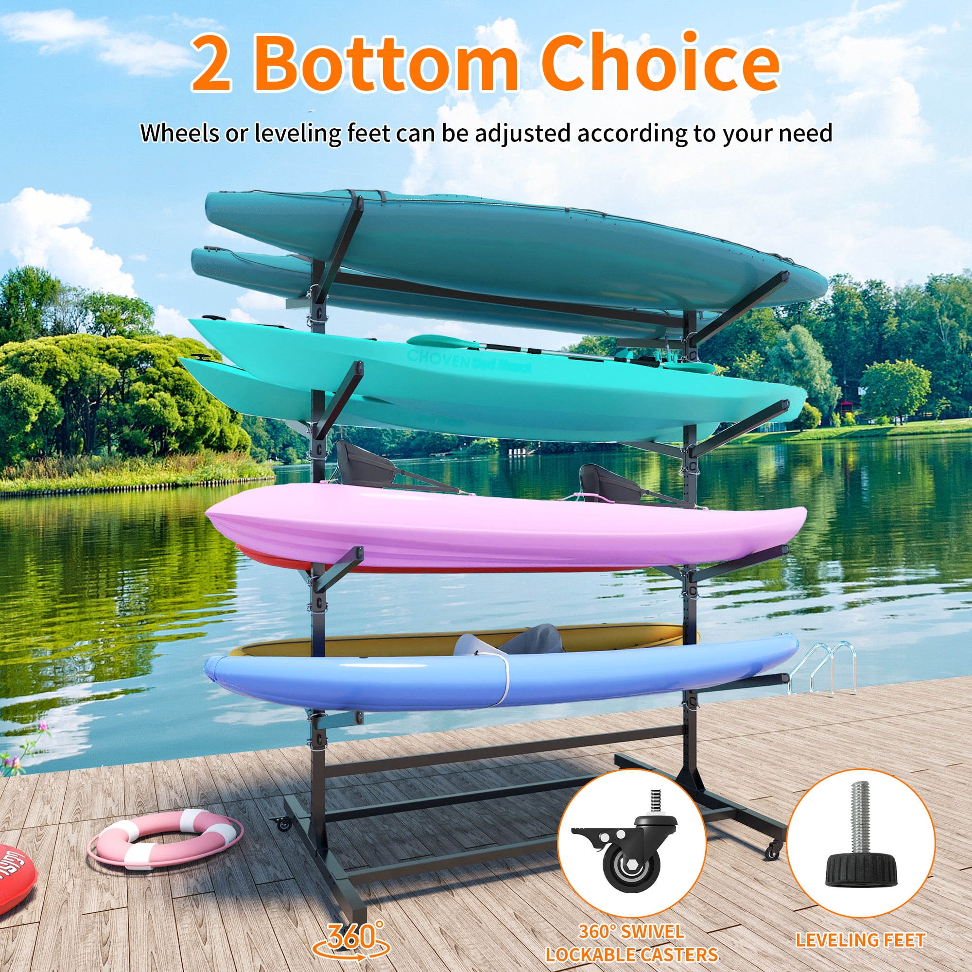 Alvantor 82"H Kayak Storage Rack, Metal Freestand 4 Layer Adjustable Stand with Wheels, Heavy Duty Storage Rack for Kayak, Canoe, SUP & Surfboard