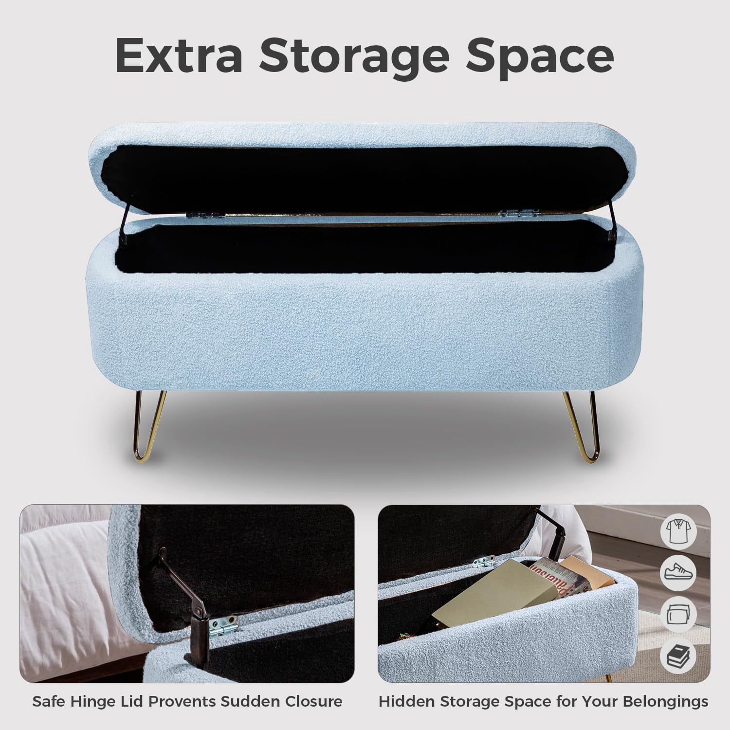 Upholstered Storage Ottoman-Rectangular Padded Seat Bench,Teddy Fabric Shoe Storage with Gold Legs for Bedroom End of Bed, Entryway, and Living Room