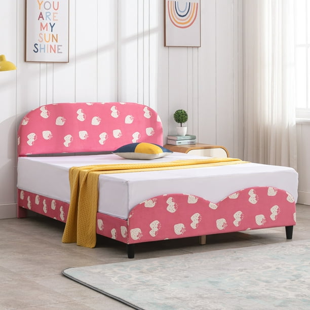 Mjkone Kids Twin Size Frame with Headboard, Upholstered Platform Bed