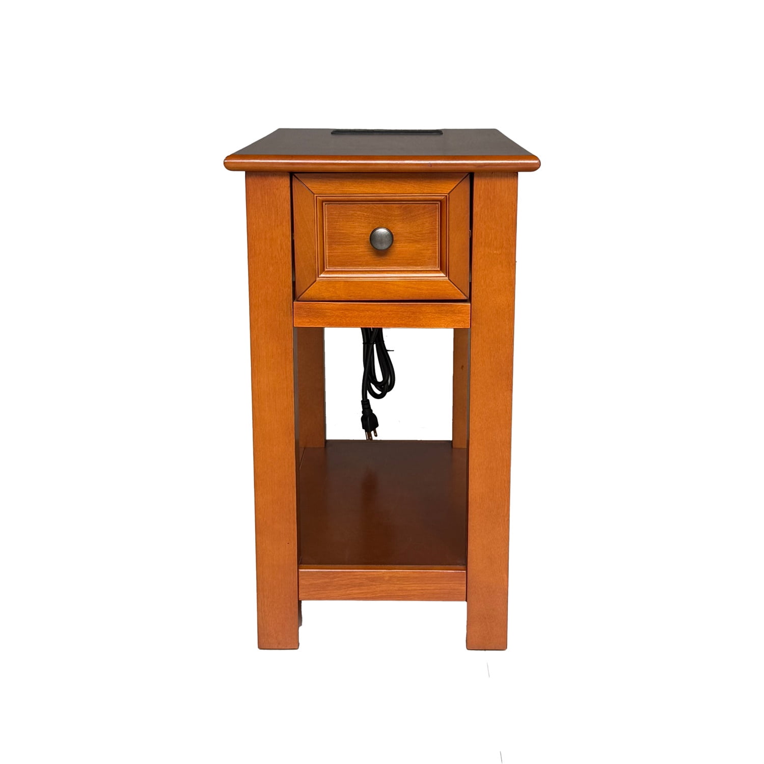 Hommoo Mission Style End Table with Built-in Charging Station, Wood Veneer Side Table with Drawer & Shelf for Living Room, Bedroom, or Small Spaces, Walnut