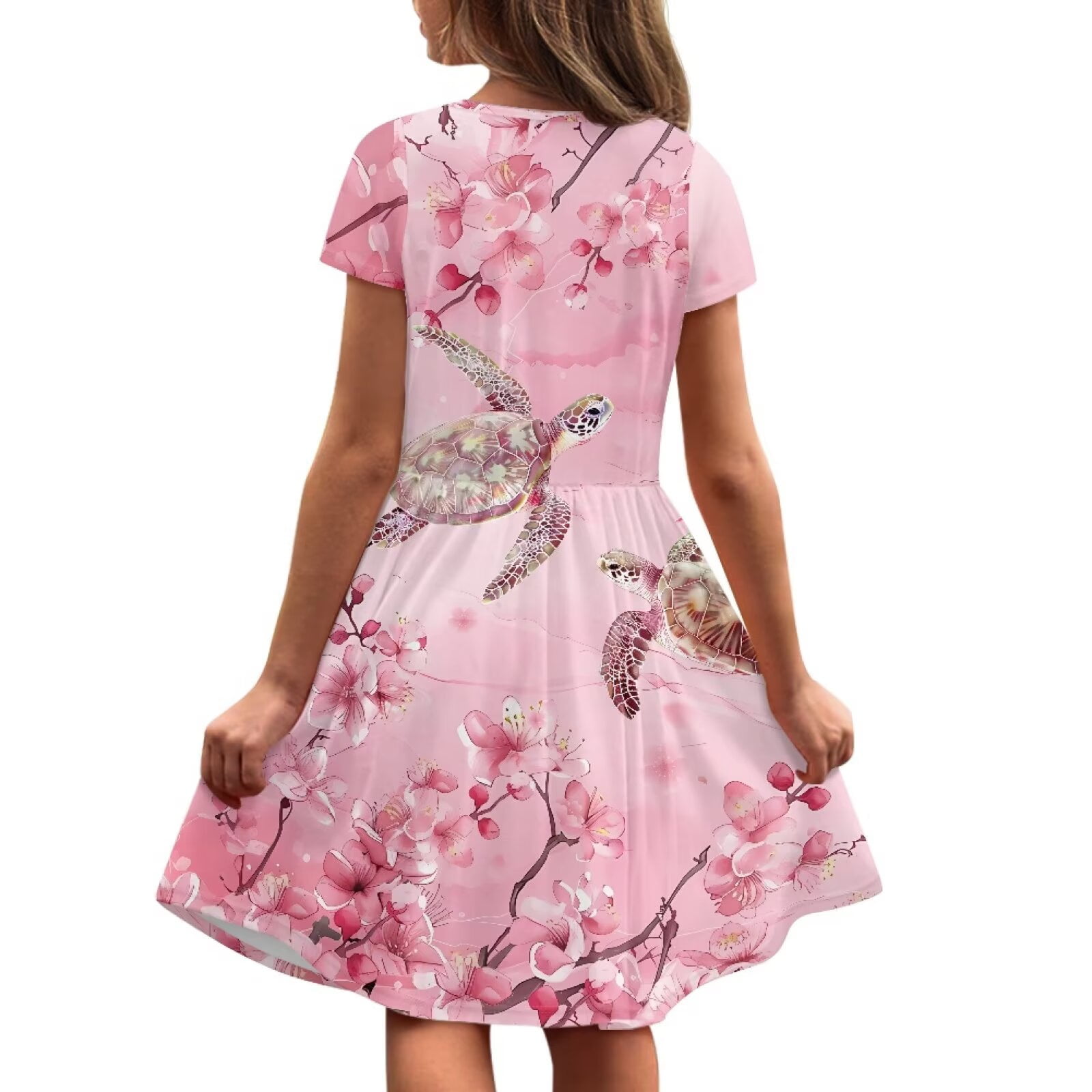 Uourmeti Turtle Short Sleeve Swing Dress 2-14Y Girls Summer Crew Neck Party Dresses Cherry Blossom Lightweight Soft Knee A-Line Dress with Pockets